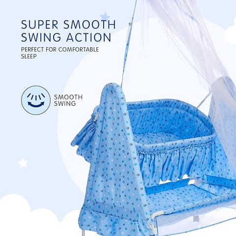 Supples Baby Cradle with Swing and Mosquito Net, Four Wheels with Brake, Swing Lock and Storage, Sturdy and Safe for 0-10 Months (Blue)