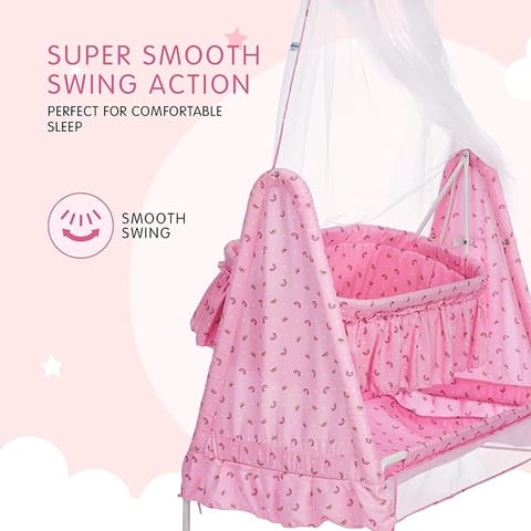 Supples Baby Cradle with Swing and Mosquito Net, Four Wheels with Brake, Swing Lock and Storage, Sturdy and Safe for 0-10 Months (Pink)