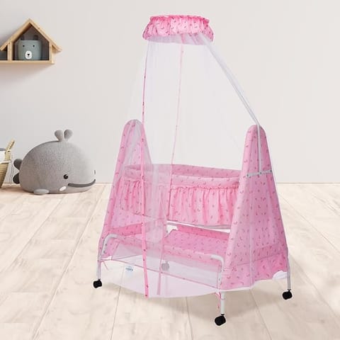 Supples Baby Cradle with Swing and Mosquito Net, Four Wheels with Brake, Swing Lock and Storage, Sturdy and Safe for 0-10 Months (Pink)