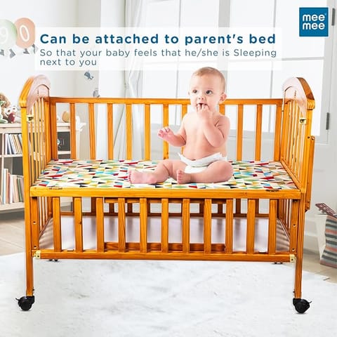 Mee Mee Spacious Extendable Swinging Baby Cot Bed | Rocking Baby Crib | of Premium Wooden | Multi-Feature Baby Bed with Extra Spacious Storage Space| Attach to Parent Bed | 0-6 Years (Light Oak)