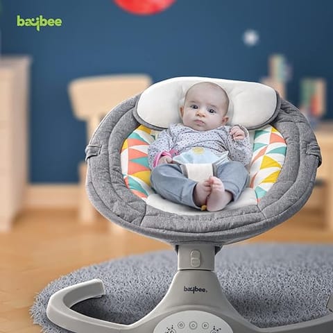 Baybee Premium Automatic Electric Baby Swing Cradle with Adjustable Swing Speed, Soothing Music | Baby Rocker with Mosquito Net, Safety Belt & Removable Toys Swing for Baby (Lite Grey)
