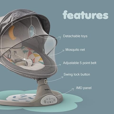 Baybee Premium Automatic Electric Baby Swing Cradle with Adjustable Swing Speed, Soothing Music | Baby Rocker with Mosquito Net, Safety Belt & Removable Toys Swing for Baby (Lite Grey)
