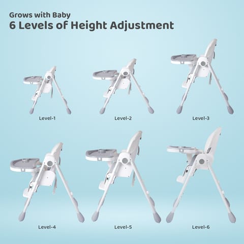 R for Rabbit Marshmallow Lite High Chair - 6 Level Height Adjustment, 3 Recline Modes, Adjustable & Removable Meal Tray Grey
