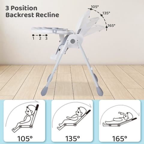 R for Rabbit Marshmallow Lite High Chair - 6 Level Height Adjustment, 3 Recline Modes, Adjustable & Removable Meal Tray Grey