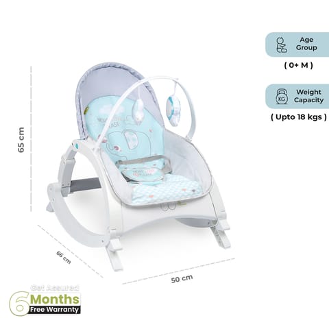 R for Rabbit 3 In 1 Rock N Play Rocker - Adjustable Backrest Recline, Detachable Toy Bar, Soothing Music & Vibration Green Grey