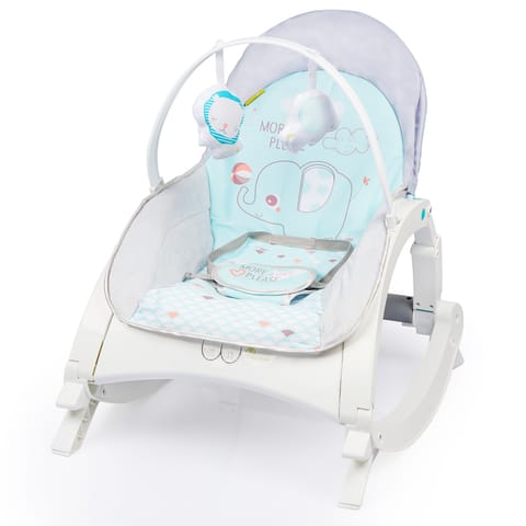 R for Rabbit 3 In 1 Rock N Play Rocker - Adjustable Backrest Recline, Detachable Toy Bar, Soothing Music & Vibration Green Grey