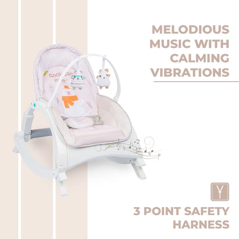 R for Rabbit 3 In 1 Rock N Play Rocker - Adjustable Backrest Recline, Detachable Toy Bar, Soothing Music & Vibration Cream Grey