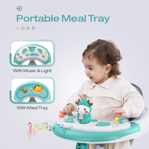 R for Rabbit Little Feet Plus Walker - Detachable Toy Bar/Meal Tray With Music & Light, 3 Level Height/4 Level Seat Adjustment Green