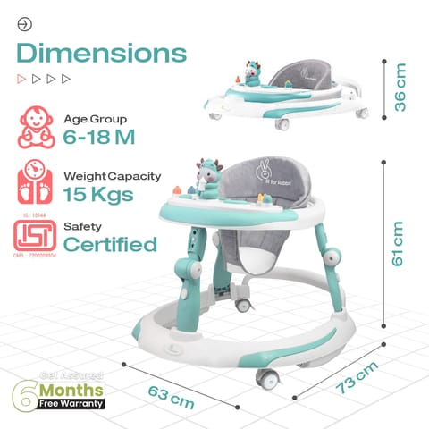 R for Rabbit Little Feet Plus Walker - Detachable Toy Bar/Meal Tray With Music & Light, 3 Level Height/4 Level Seat Adjustment Green