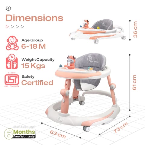 R for Rabbit Little Feet Plus Walker - Detachable Toy Bar/Meal Tray With Music & Light, 3 Level Height/4 Level Seat Adjustment Pink