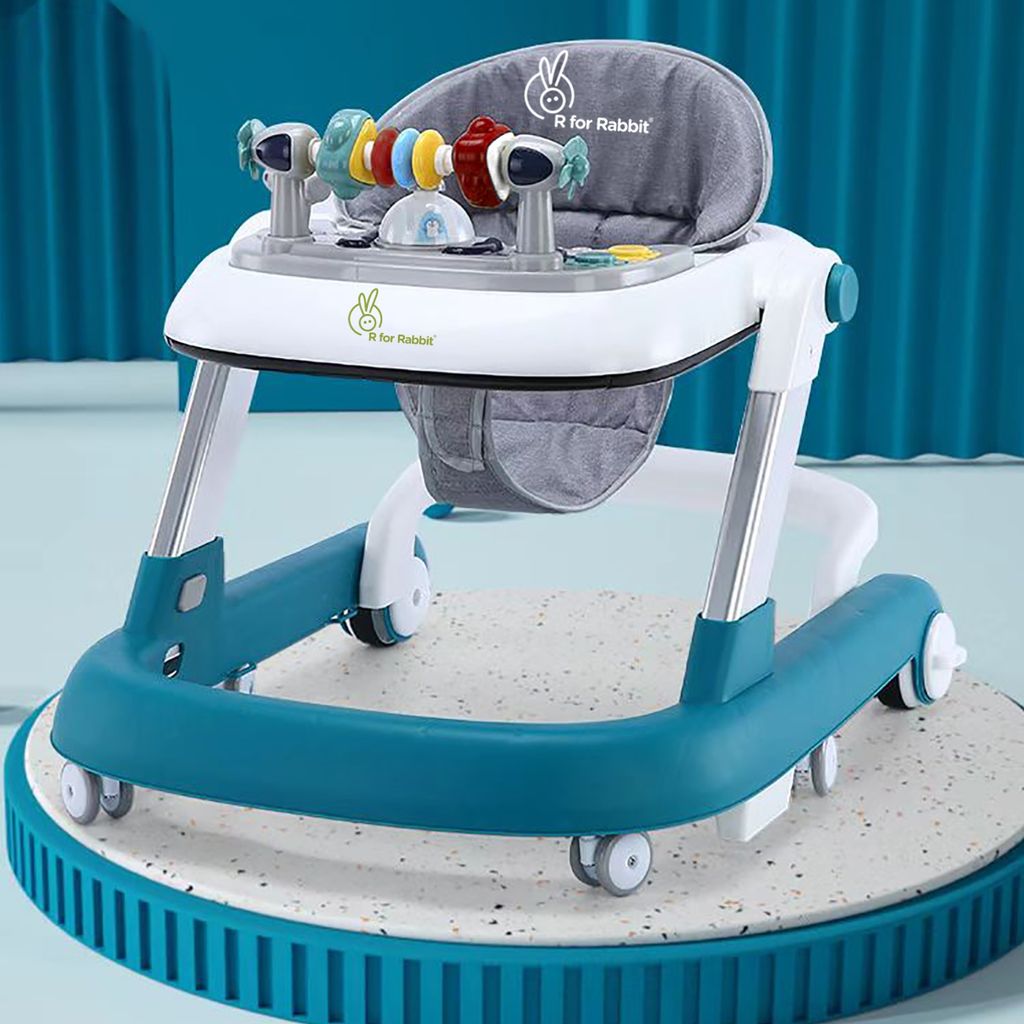 R for Rabbit Little Feet Walker - Detachable Toy Bar/Meal Tray With Music & Light, 2 Level Height/4 Level Seat Adjustment, Anti Fall Brake Pads Blue