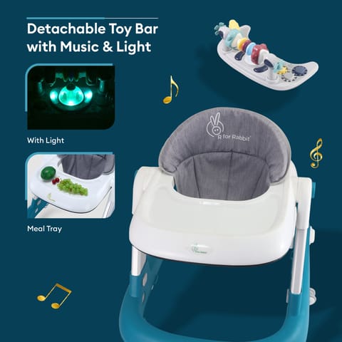 R for Rabbit Little Feet Walker - Detachable Toy Bar/Meal Tray With Music & Light, 2 Level Height/4 Level Seat Adjustment, Anti Fall Brake Pads Blue
