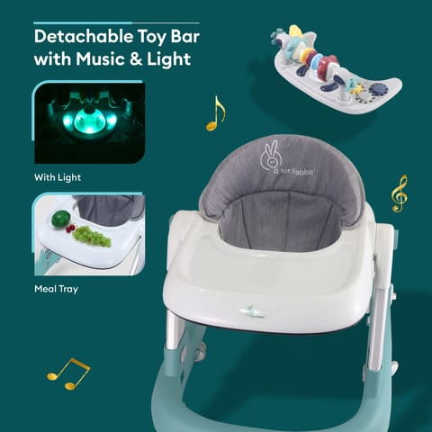 R for Rabbit Little Feet Walker - Detachable Toy Bar/Meal Tray With Music & Light, 2 Level Height/4 Level Seat Adjustment, Anti fall Brake Pads Green