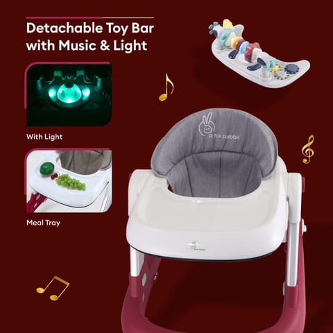 R for Rabbit Little Feet Walker - Detachable Toy Bar/Meal Tray With Music & Light, 2 Level Height/4 Level Seat Adjustment, Anti fall Brake Pads Red