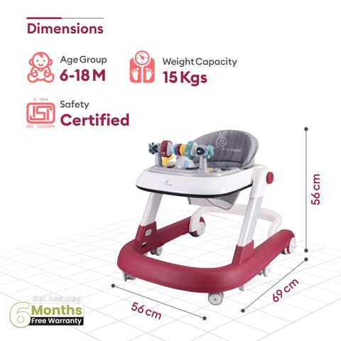 R for Rabbit Little Feet Walker - Detachable Toy Bar/Meal Tray With Music & Light, 2 Level Height/4 Level Seat Adjustment, Anti fall Brake Pads Red