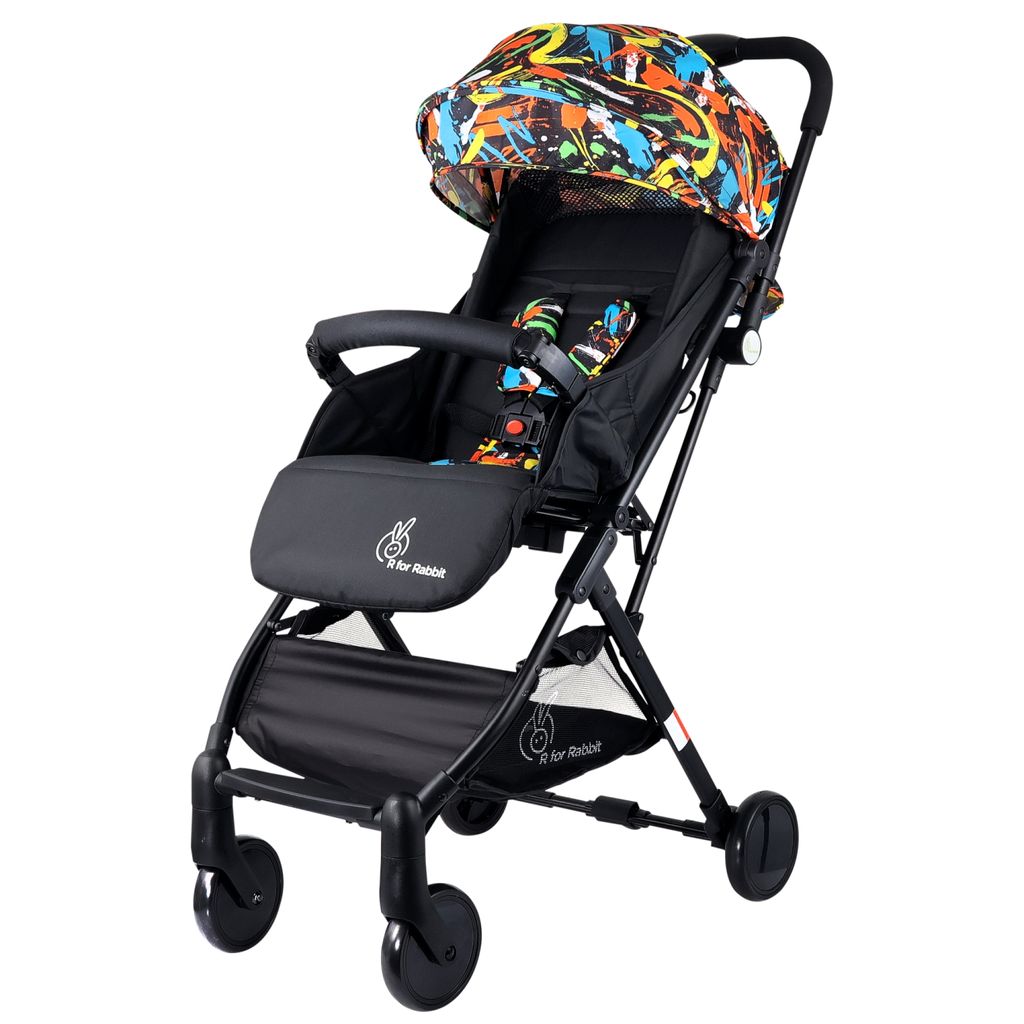 R for Rabbit Pocket Stroller Lite - One Hand Fold, Multi Recline, Light Weight, Travel Friendly, Adjustable Canopy Black Multi