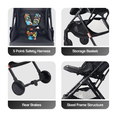 R for Rabbit Pocket Stroller Lite - One Hand Fold, Multi Recline, Light Weight, Travel Friendly, Adjustable Canopy Black Multi