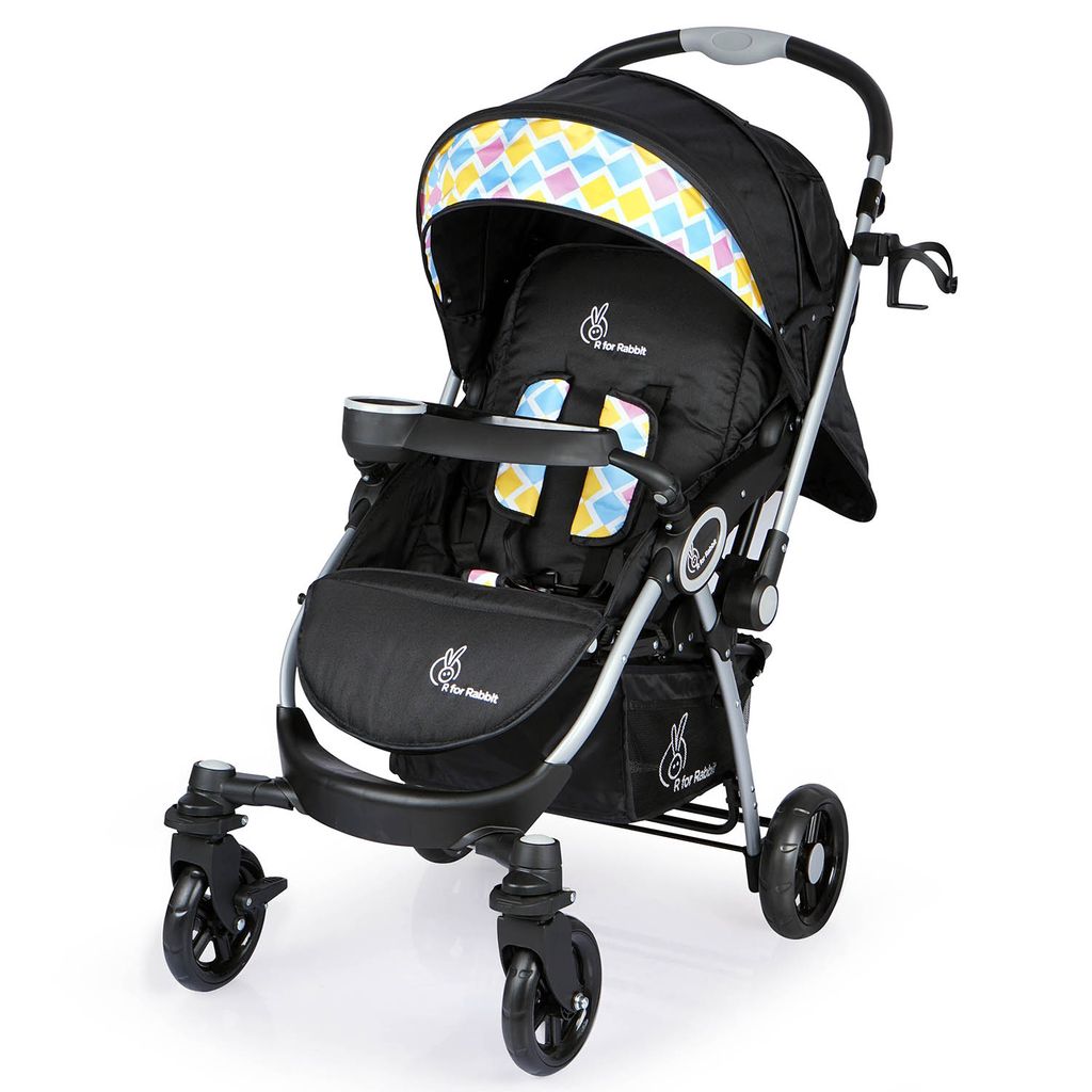 R for Rabbit Chocolate Ride Stroller - Reversible Handle, Multiple Recline Positions, Cup Holder With Meal Tray Black Multi