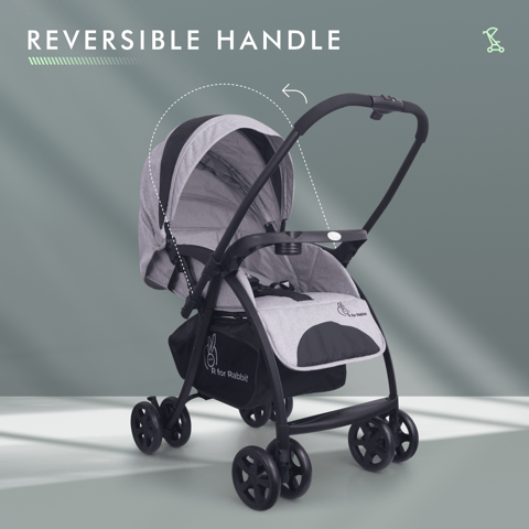 R for Rabbit Sugar Pop Stroller - 3 Position Seat Recline, Easy One Hand Fold, Reversible Handle, UV Resistant Sun Canopy Black Grey