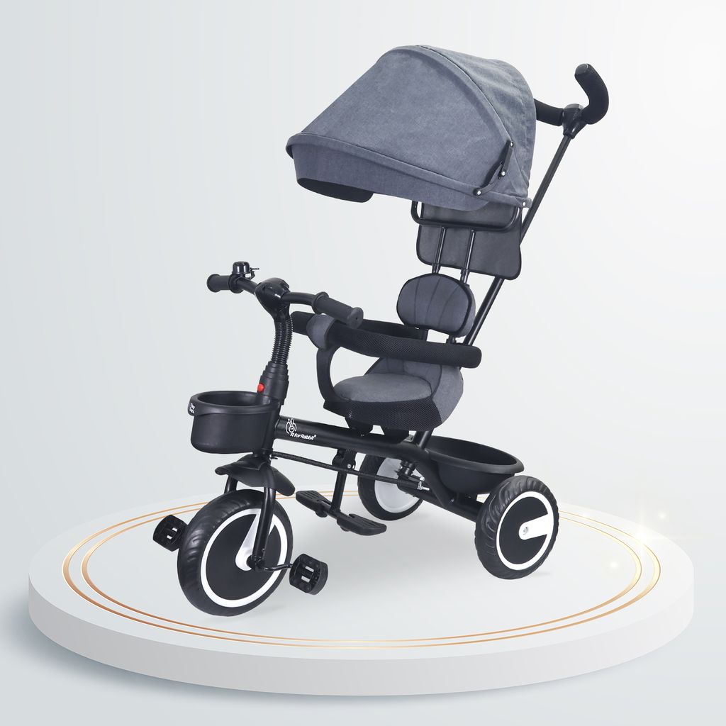 Tiny Toes T30 Ace Tricycle - 3 In 1, Adjustable Parental Control & Canopy, Front & Rear Basket Grey