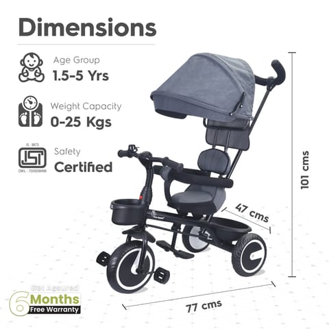 Tiny Toes T30 Ace Tricycle - 3 In 1, Adjustable Parental Control & Canopy, Front & Rear Basket Grey