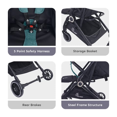R for Rabbit Pocket Air Lite Stroller - One Hand Fold, Light Weight, Travel Friendly, Adjustable Canopy Green Black