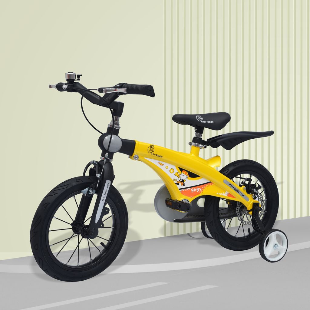 R for Rabbit Tiny Toes Jazz 14T Bicycle - Adjustable Structure, Seat & Handlebar, 90% Installed Yellow
