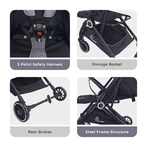 R for Rabbit Pocket Air Lite Stroller - One Hand Fold, Light Weight, Travel Friendly, Adjustable Canopy Grey