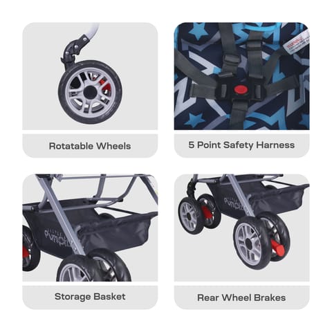 R for Rabbit Kiddie Kingdom Stroller - 3 Position Recline, Easy Fold, Reversible Handle, Rear Wheel Brakes Blue Black