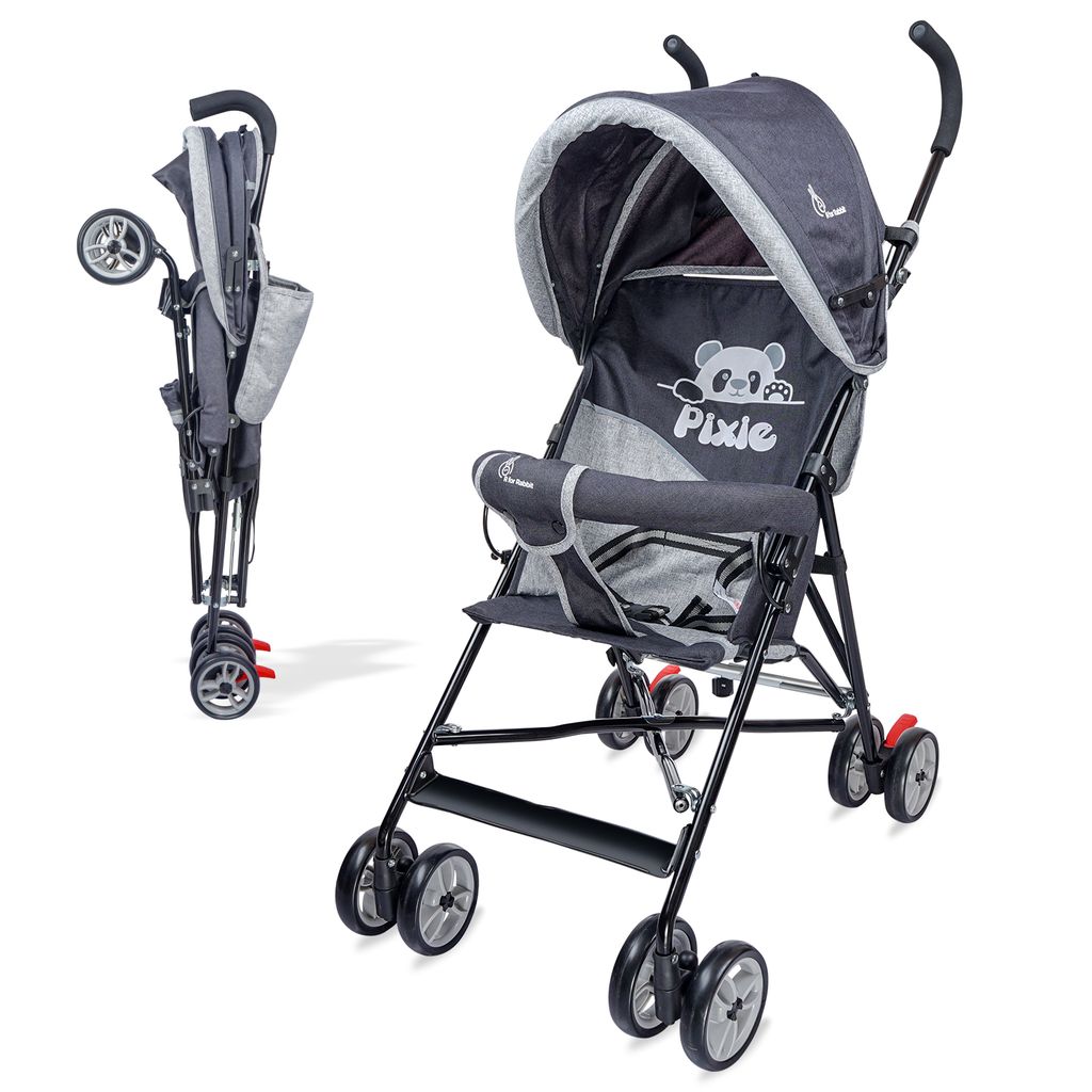 R for Rabbit Pixie Buggy Stroller - Easy To Fold & Store, UV Sun Protection Canopy, Rear Brakes, Storage Bag Black Grey