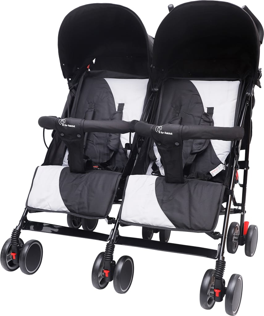 R for Rabbit Ginny And Johnny Stroller - Compact Fold, Dual Basket, Multi-Position Recline Seat, Rear Brake Black Grey