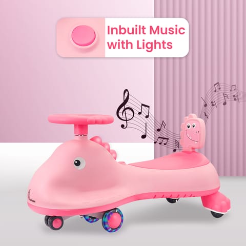 R for Rabbit Iya Iya Dino Swing Car - Inbuilt Music With Light, PU LED Wheels, ABEC 7 Bearing, Up To 100 Kgs Capacity Pink