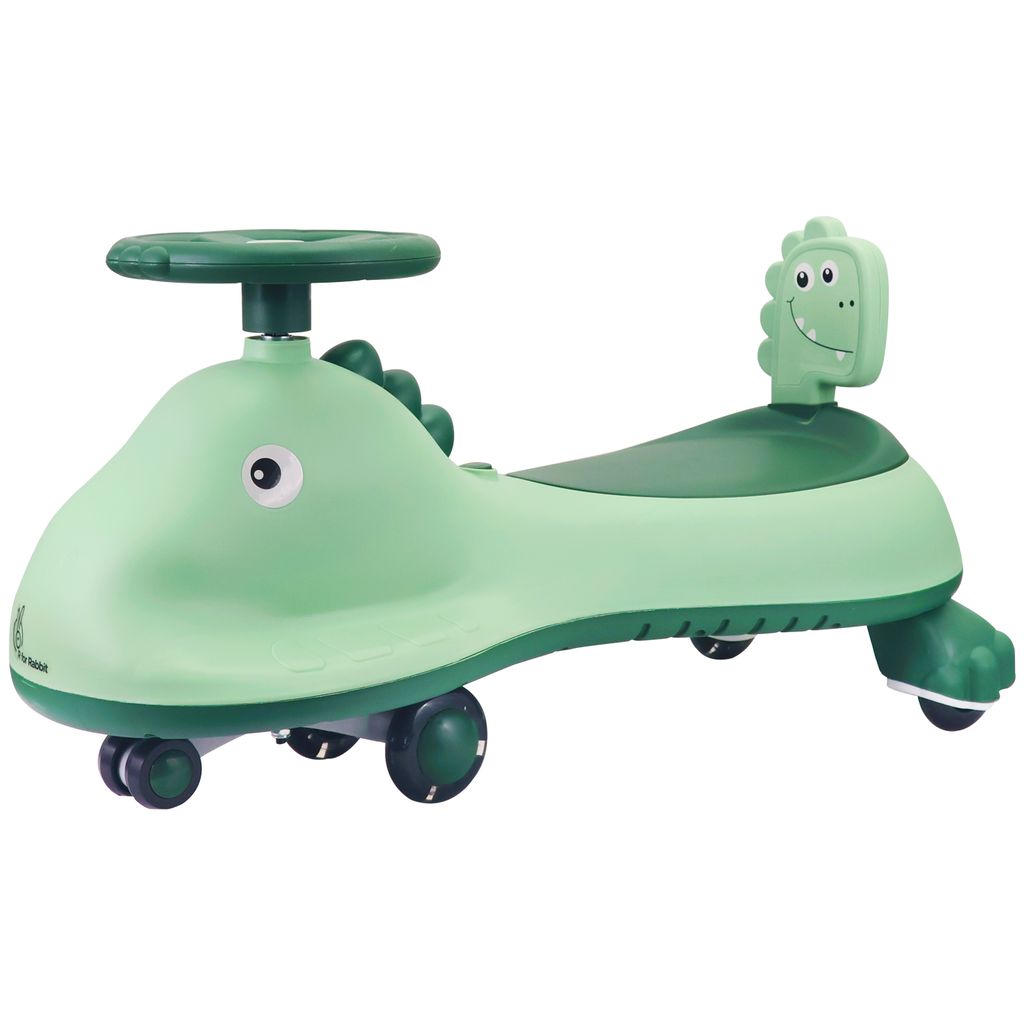 R for Rabbit Iya Iya Dino Swing Car - Inbuilt Music With Light, PU LED Wheels, ABEC 7 Bearing, Up To 100 Kgs Capacity Green