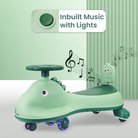R for Rabbit Iya Iya Dino Swing Car - Inbuilt Music With Light, PU LED Wheels, ABEC 7 Bearing, Up To 100 Kgs Capacity Green