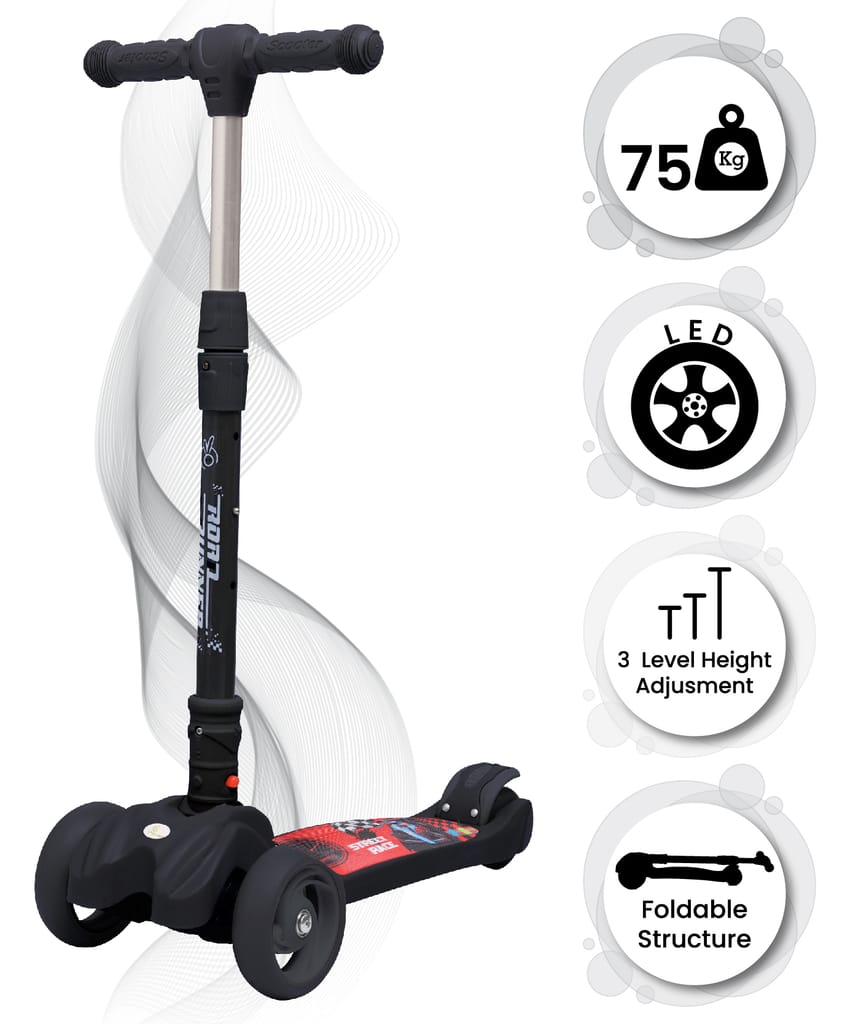 R for Rabbit Road Runner Scooter - PU LED Wheels, 4 Level Height Adjustment, Anti Slip Deck Black