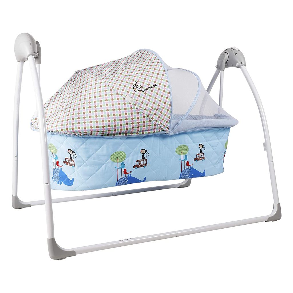 R for Rabbit Lullabies Cradle - Auto Swing With Remote Control, 16 In-Built Soothing Music Tunes, Mosquito Net Baby Cradle Blue