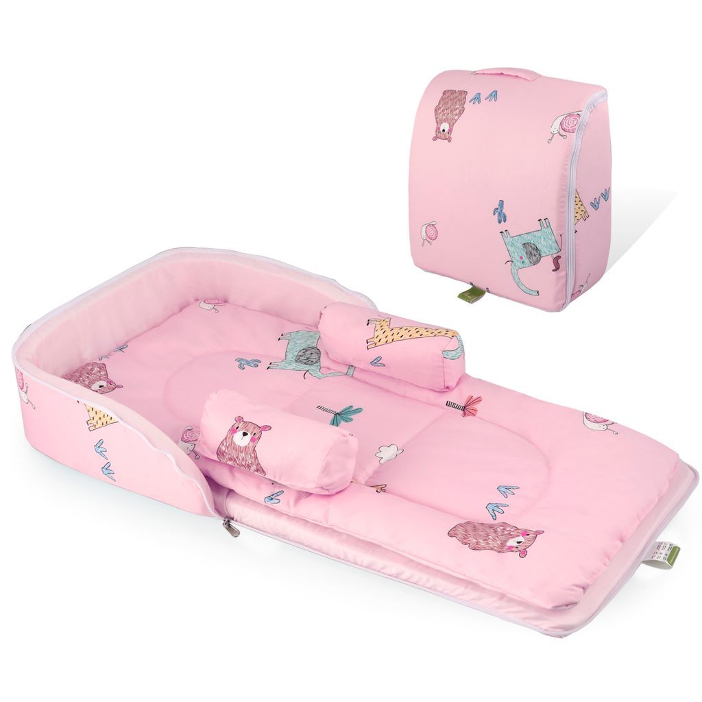 R for Rabbit Baby Nest Lite Bed - Easy Compact Fold, Zip Clouser, Carry Like Bag, Travel Friendly Blush Pink