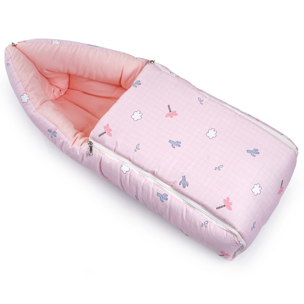 R for Rabbit Snuggy Baby Bed - Easy To Carry, Convertible, High Quality Zip, 100% Natural Cotton Blush Pink