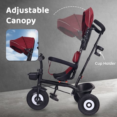 R for Rabbit Tiny Toes T40 Plus Tricycle - Rubber Wheels, 360 Rotatable Seat, Adjustable Canopy, Parental Control, Front & Rear Baskets Maroon Black