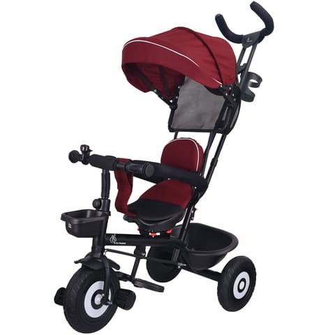 R for Rabbit Tiny Toes T40 Plus Tricycle - Rubber Wheels, 360 Rotatable Seat, Adjustable Canopy, Parental Control, Front & Rear Baskets Maroon Black