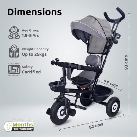 R for Rabbit Tiny Toes T40 Plus Tricycle - Rubber Wheels, 360 Rotatable Seat, Adjustable Canopy, Parental Control, Front & Rear Baskets Grey Black