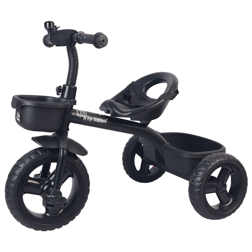 R for Rabbit Tiny Toes T10 Ace Tricycle - Front & Back Basket, Seat Belt Black