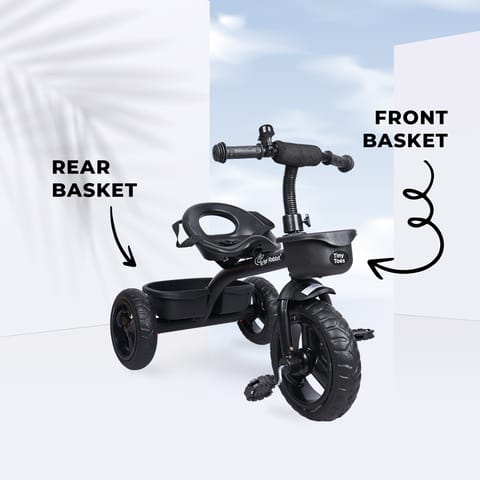 R for Rabbit Tiny Toes T10 Ace Tricycle - Front & Back Basket, Seat Belt Black