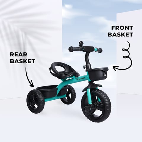 R for Rabbit Tiny Toes T10 Ace Tricycle - Front & Back Basket, Seat Belt Lake Blue