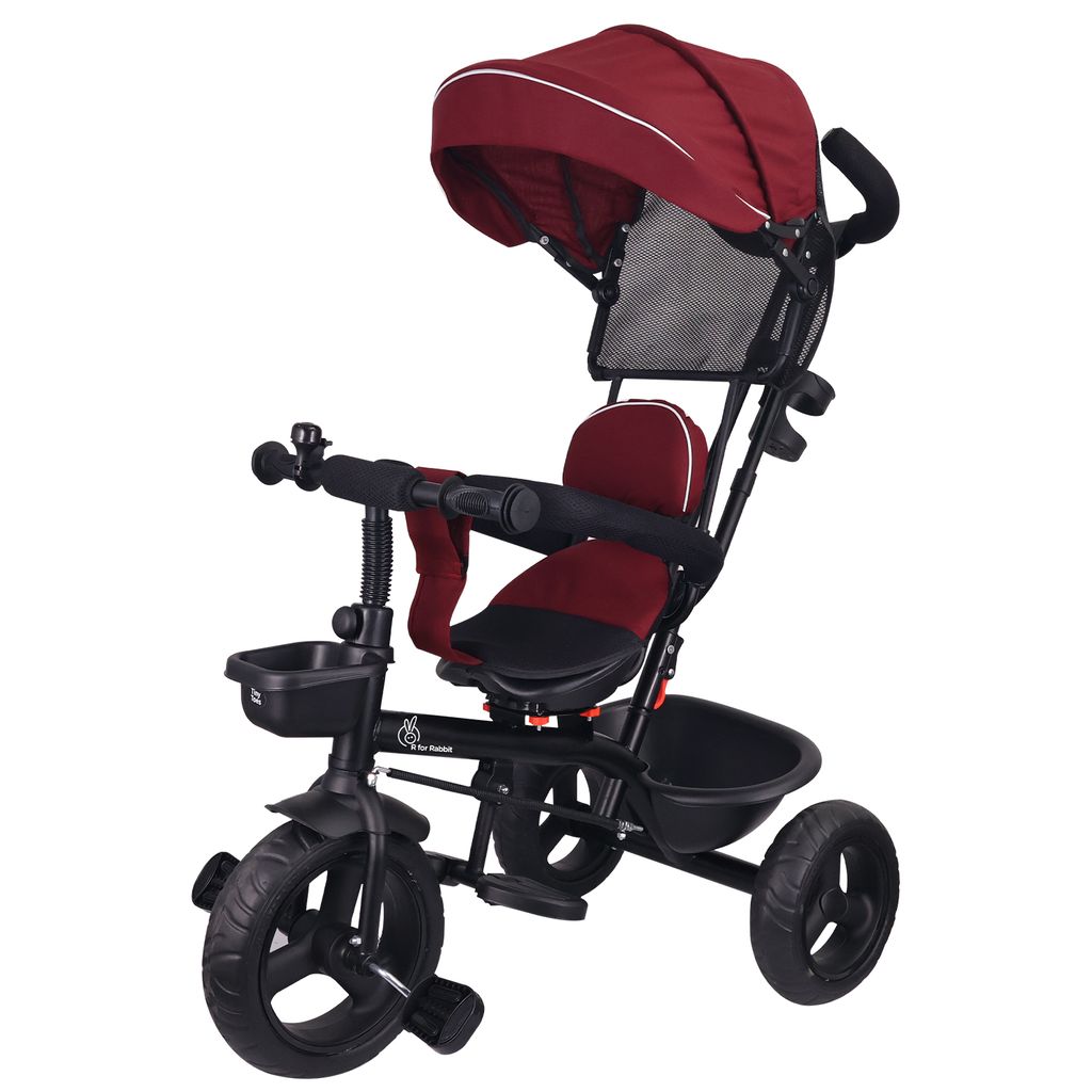 R for Rabbit Tiny Toes T40 Ace Tricycle - EVA Wheels, 360 Rotatable Seat, Adjustable Canopy, Parental Control, Front & Rear Baskets Maroon Black