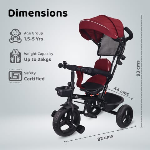 R for Rabbit Tiny Toes T40 Ace Tricycle - EVA Wheels, 360 Rotatable Seat, Adjustable Canopy, Parental Control, Front & Rear Baskets Maroon Black