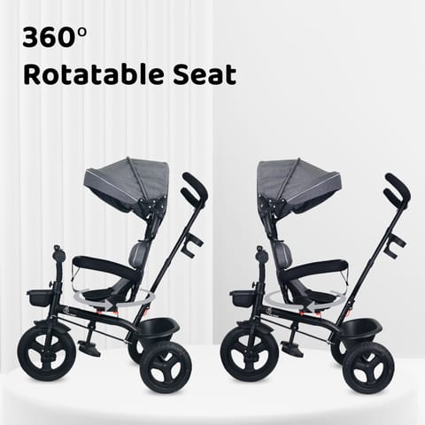 R for Rabbit Tiny Toes T40 Ace Tricycle - EVA Wheels, 360 Rotatable Seat, Adjustable Canopy, Parental Control, Front & Rear Baskets Grey Black