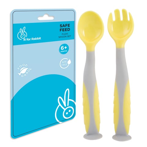 R for Rabbit Safe Feed Flexi Spoon Set For Baby Yellow Grey