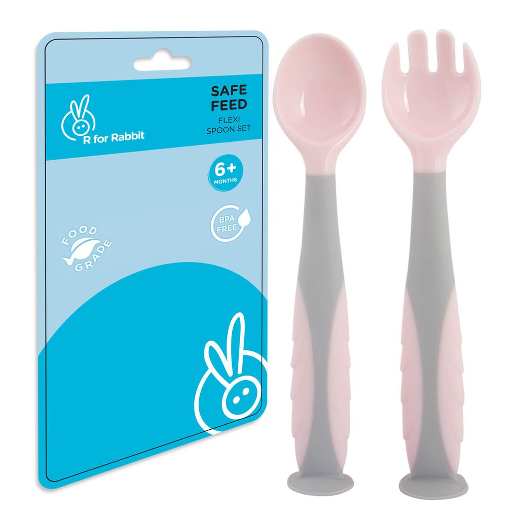 R for Rabbit Safe Feed Flexi Spoon Set For Baby Pink Grey