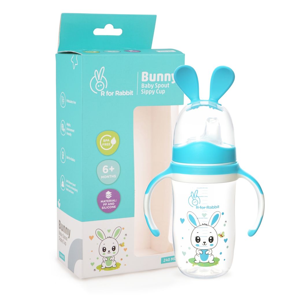 R for Rabbit Bunny Baby Spout Sippy Cup 240ML With Soft Silicon Spout For Baby 6 Months+ Blue